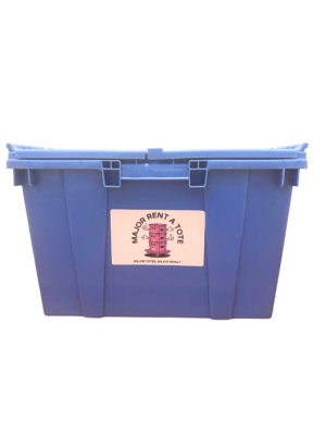 Blue reusable moving tote from Major Rent A Tote used for renting moving boxes for homes and offices