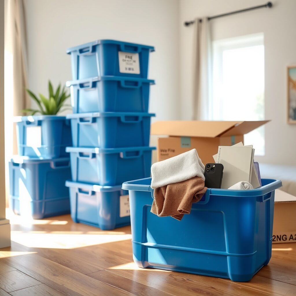 Bright, well-lit room featuring reusable blue moving totes neatly stacked, with an open essentials tote in the foreground holding folded clothes, a phone charger, toiletries